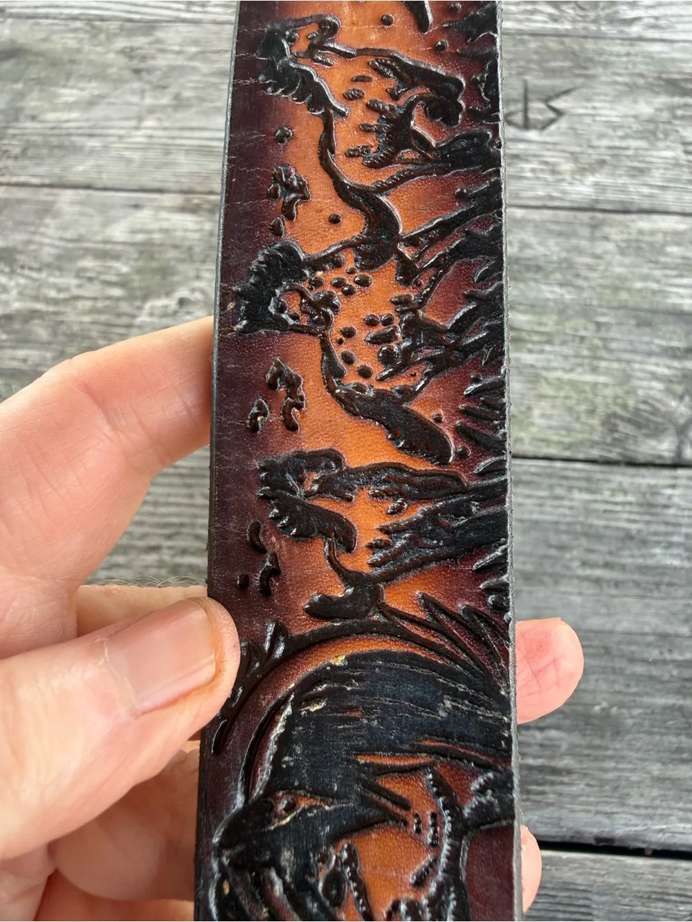 Hand-Tooled Brown Leather Men’s Belt with Horse Motif 44”
